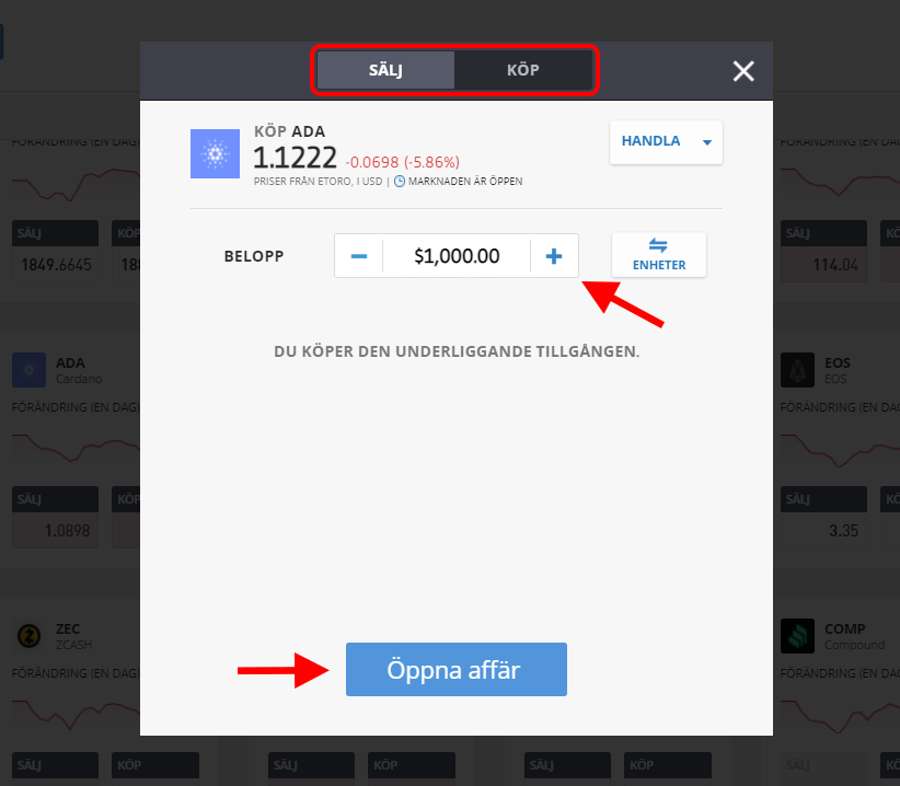 Köpa Cardano ADA ny order eToro
